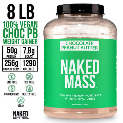 Chocolate Peanut Butter Vegan Mass Gainer Supplement | Naked Vegan Mass - 8LB